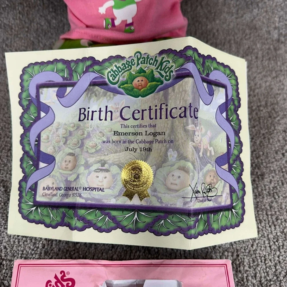 Cabbage Patch‎ Kids Emerson Logan Doll Brown Hair Blue Eyes Pink Green